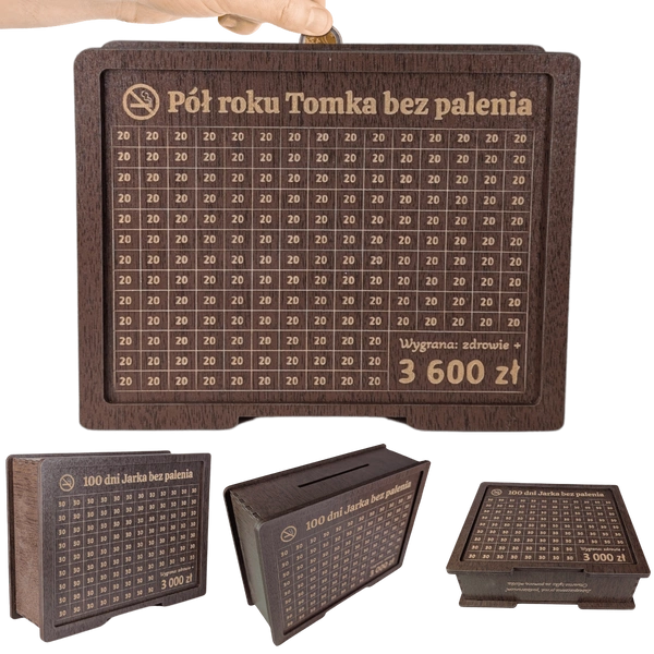 Skarbonka wykreślana "Rzuć palenie" - personalizowana, z twoim celem i kwotą. Wenge
