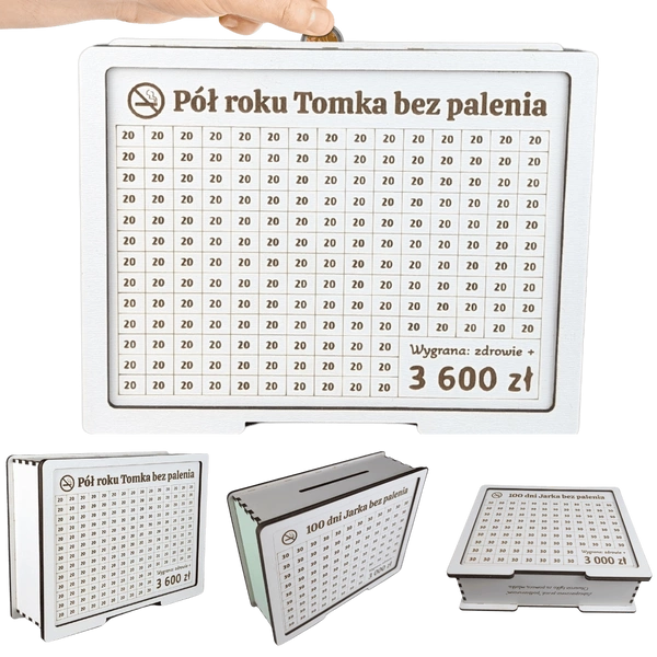 Skarbonka wykreślana "Rzuć palenie" - personalizowana, z twoim celem i kwotą. Biała