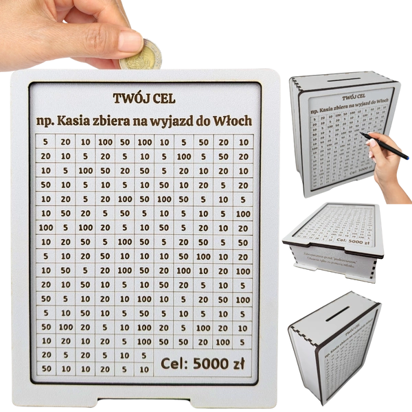 Skarbonka wykreślana - personalizowana, z twoim celem i kwotą. Tracker / wyzwanie na prezent. Biała