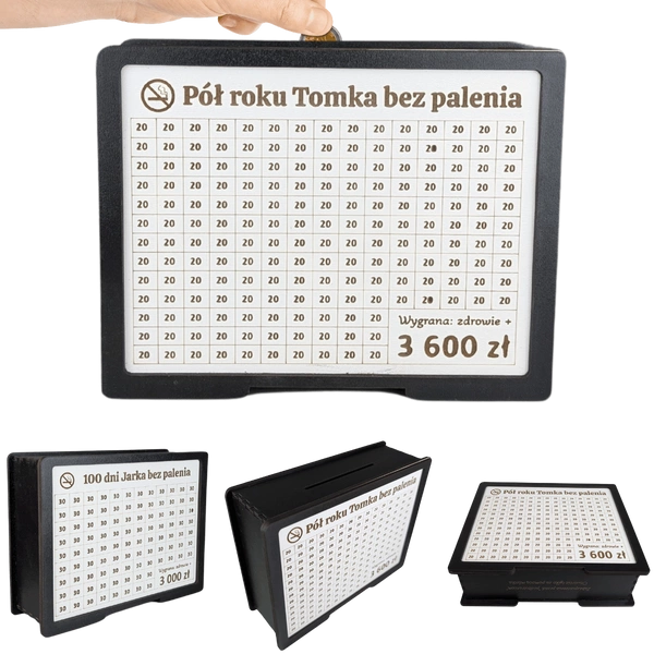 Skarbonka wykreślana "Rzuć palenie" - personalizowana, z twoim celem i kwotą. Czarno-biała