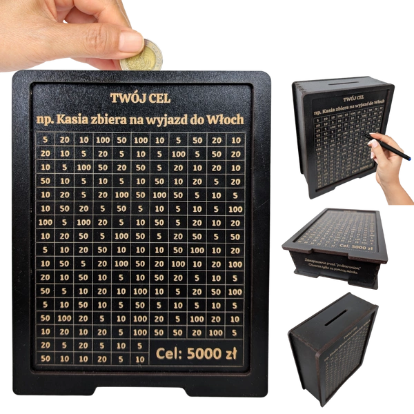 Skarbonka wykreślana - personalizowana, z twoim celem i kwotą. Tracker / wyzwanie na prezent. Czarna