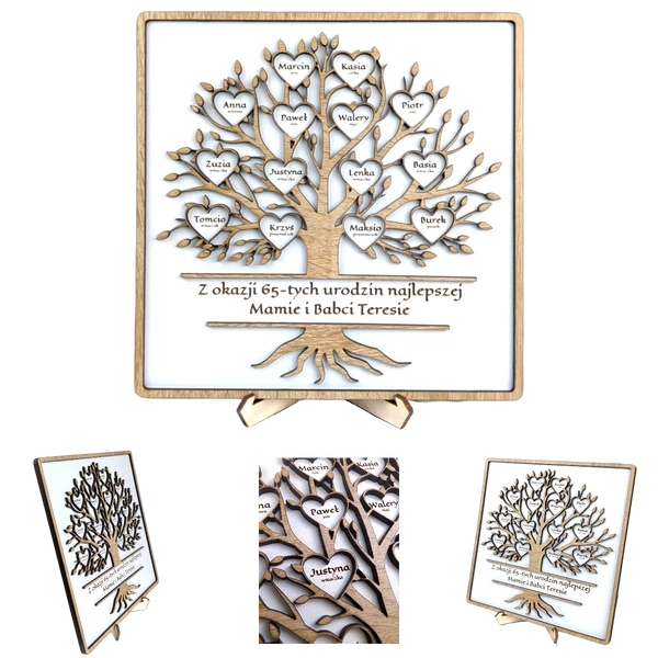 Drzewko w ramce - personalizowane z życzeniami, 1-20 serduszek. Biały/dąb