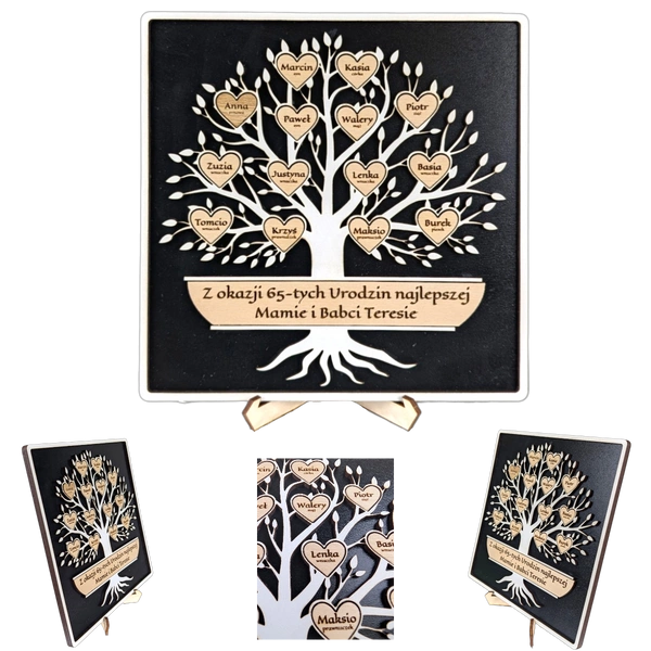 Drzewko w ramce - personalizowane z życzeniami, 1-20 serduszek. Czarno/Białe