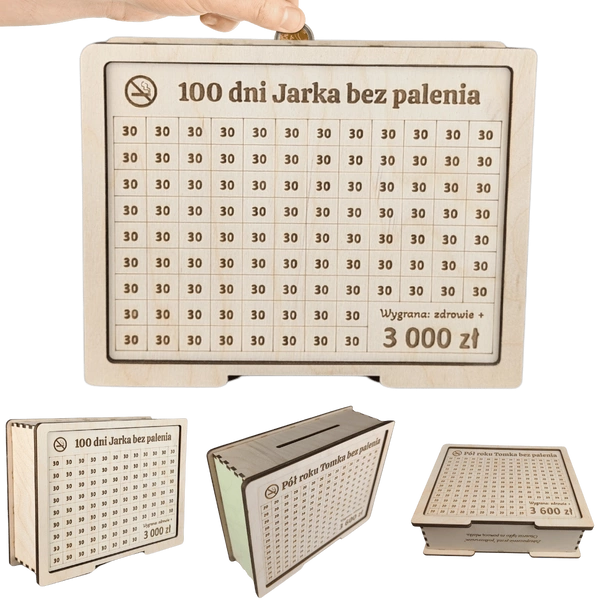 Skarbonka wykreślana "Rzuć palenie" - personalizowana, z twoim celem i kwotą. Drewniana