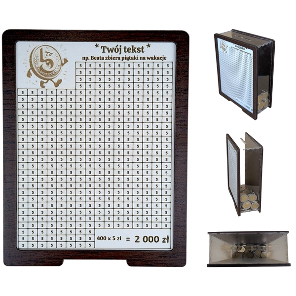 Skarbonka na 5 zł z przezroczystymi bokami, wykreślananka biała/wenge