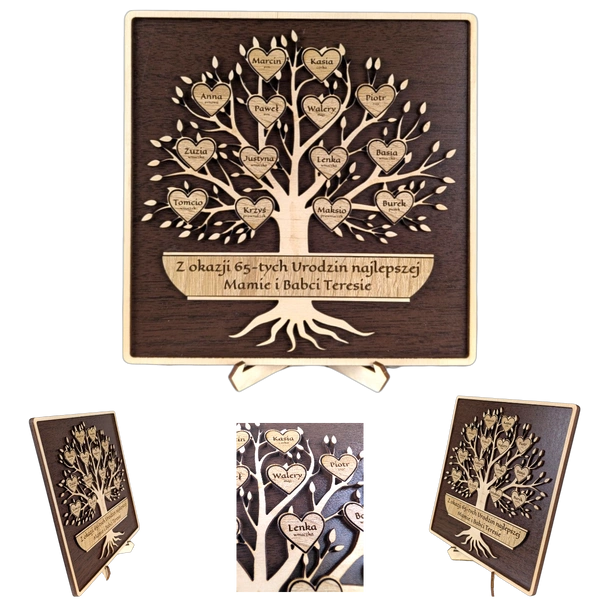 Drzewko w ramce - personalizowane z życzeniami, 1-20 serduszek. Wenge/Drewno