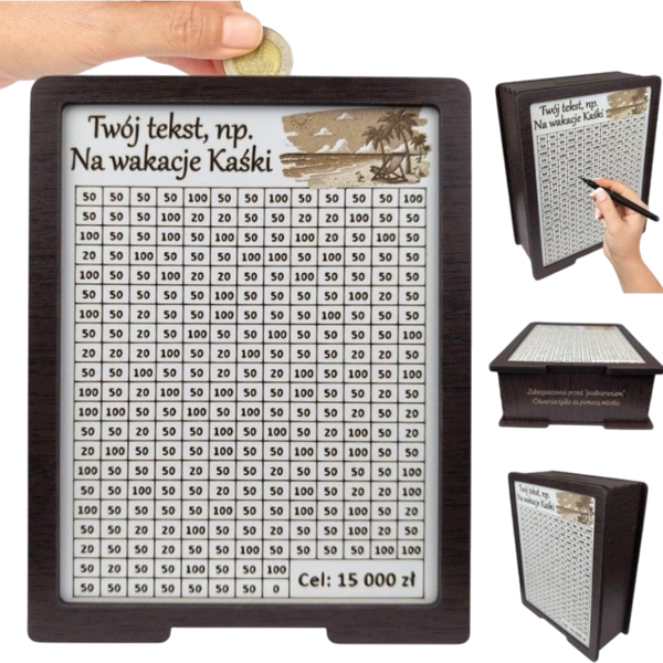 Skarbonka wakacje / skarbonka wykreślana | twój cel i kwota | Grawer,