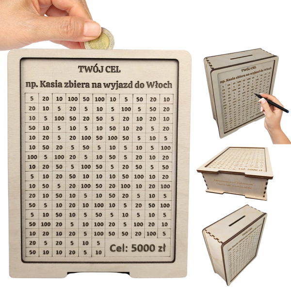 Skarbonka wykreślana - personalizowana, z twoim celem i kwotą. Tracker / wyzwanie na prezent. Drewniana.