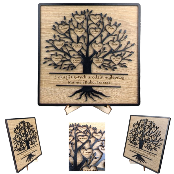 Drzewko w ramce - personalizowane z życzeniami, 1-20 serduszek. Dąb/Czarny