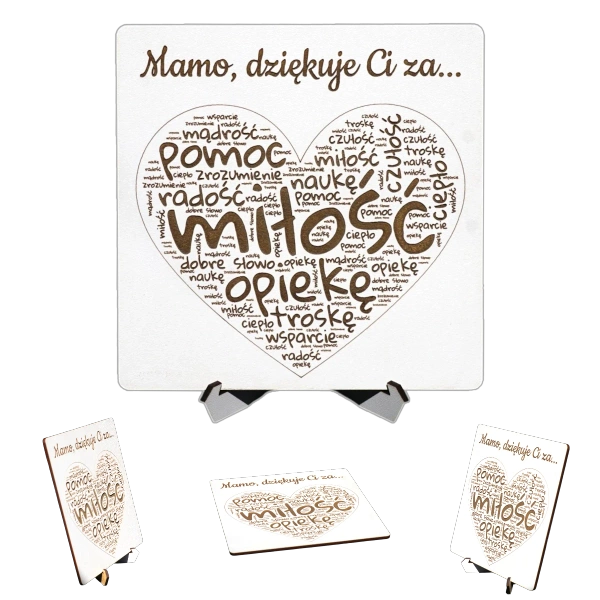 Biała tabliczka z sercem - z twoimi życzeniami - kwadratowa z podstawką