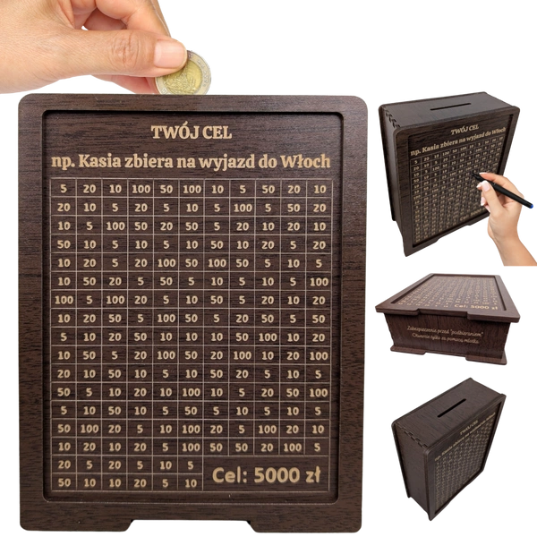 Skarbonka wykreślana - personalizowana, z twoim celem i kwotą. Tracker / wyzwanie na prezent. Wenge.