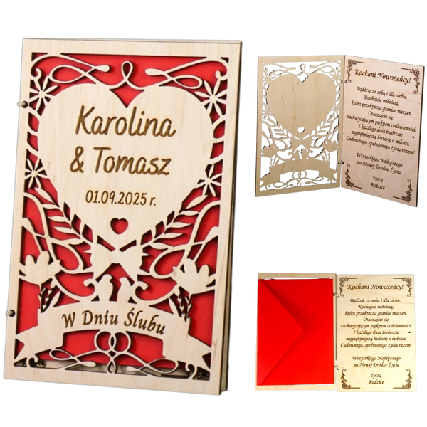 Koperta na pieniądze z okazji Ślubu - drewniana z grawerem