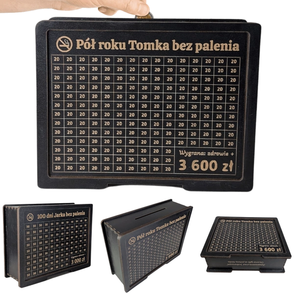 Skarbonka wykreślana "Rzuć palenie" - personalizowana, z twoim celem i kwotą. Czarna