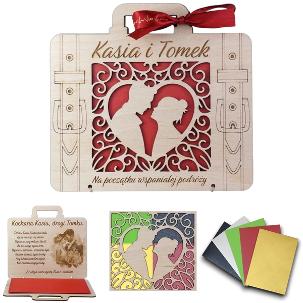 Koperta na pieniądze z okazji Ślubu - drewniana z grawerem walizka