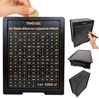 Skarbonka wykreślana - personalizowana, z twoim celem i kwotą. Tracker / wyzwanie na prezent. Czarna