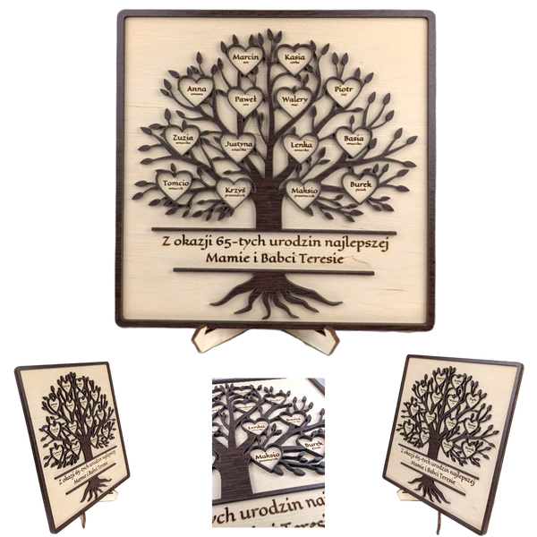 Drzewko w ramce - personalizowane z życzeniami, 1-20 serduszek. Drewno/Wenge